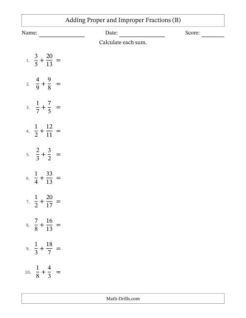 The Adding Proper and Improper Fractions with Unlike Denominators, Mixed Fractions Results and No Simplifying (B) Math Worksheet