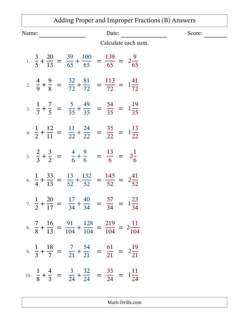 The Adding Proper and Improper Fractions with Unlike Denominators, Mixed Fractions Results and No Simplifying (B) Math Worksheet Page 2