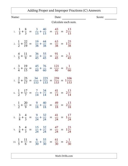 The Adding Proper and Improper Fractions with Unlike Denominators, Mixed Fractions Results and No Simplifying (C) Math Worksheet Page 2