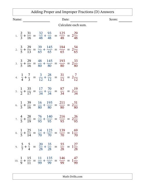 The Adding Proper and Improper Fractions with Unlike Denominators, Mixed Fractions Results and No Simplifying (D) Math Worksheet Page 2