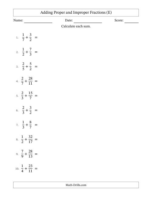 The Adding Proper and Improper Fractions with Unlike Denominators, Mixed Fractions Results and No Simplifying (E) Math Worksheet