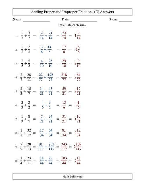 The Adding Proper and Improper Fractions with Unlike Denominators, Mixed Fractions Results and No Simplifying (E) Math Worksheet Page 2