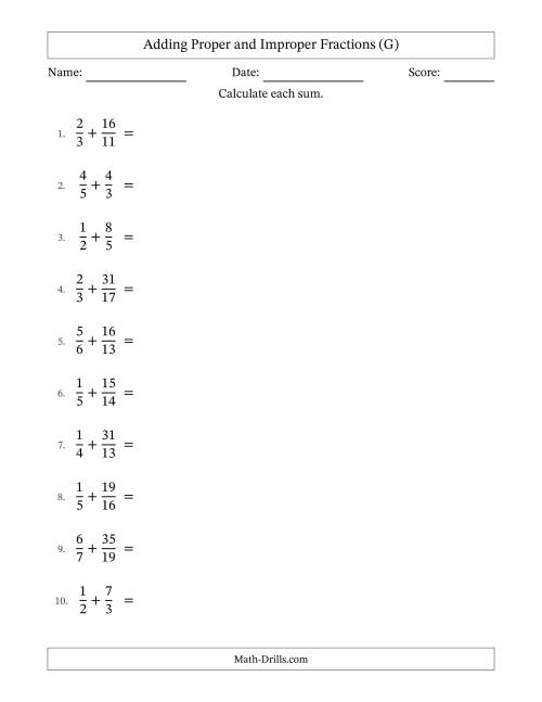The Adding Proper and Improper Fractions with Unlike Denominators, Mixed Fractions Results and No Simplifying (G) Math Worksheet