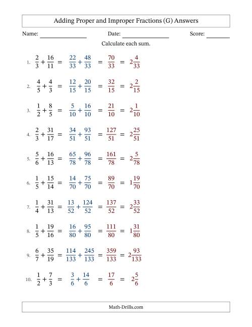 The Adding Proper and Improper Fractions with Unlike Denominators, Mixed Fractions Results and No Simplifying (G) Math Worksheet Page 2