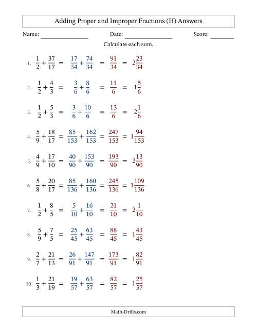 The Adding Proper and Improper Fractions with Unlike Denominators, Mixed Fractions Results and No Simplifying (H) Math Worksheet Page 2