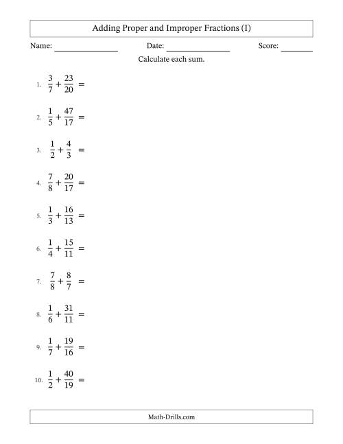 The Adding Proper and Improper Fractions with Unlike Denominators, Mixed Fractions Results and No Simplifying (I) Math Worksheet