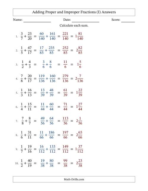 The Adding Proper and Improper Fractions with Unlike Denominators, Mixed Fractions Results and No Simplifying (I) Math Worksheet Page 2