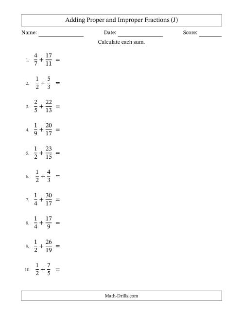 The Adding Proper and Improper Fractions with Unlike Denominators, Mixed Fractions Results and No Simplifying (J) Math Worksheet