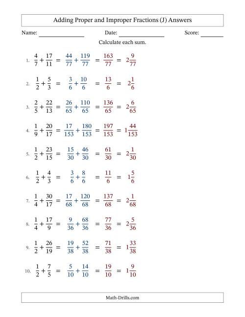 The Adding Proper and Improper Fractions with Unlike Denominators, Mixed Fractions Results and No Simplifying (J) Math Worksheet Page 2