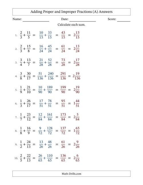 The Adding Proper and Improper Fractions with Unlike Denominators, Mixed Fractions Results and No Simplifying (All) Math Worksheet Page 2