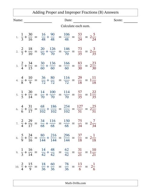 The Adding Proper and Improper Fractions with Unlike Denominators, Mixed Fractions Results and All Simplifying (B) Math Worksheet Page 2