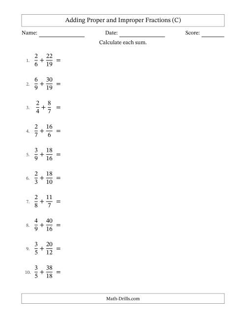 The Adding Proper and Improper Fractions with Unlike Denominators, Mixed Fractions Results and All Simplifying (C) Math Worksheet