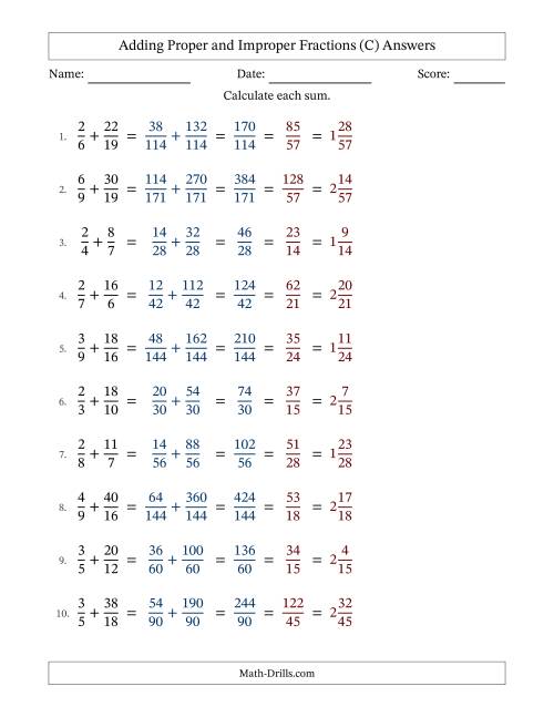 The Adding Proper and Improper Fractions with Unlike Denominators, Mixed Fractions Results and All Simplifying (C) Math Worksheet Page 2