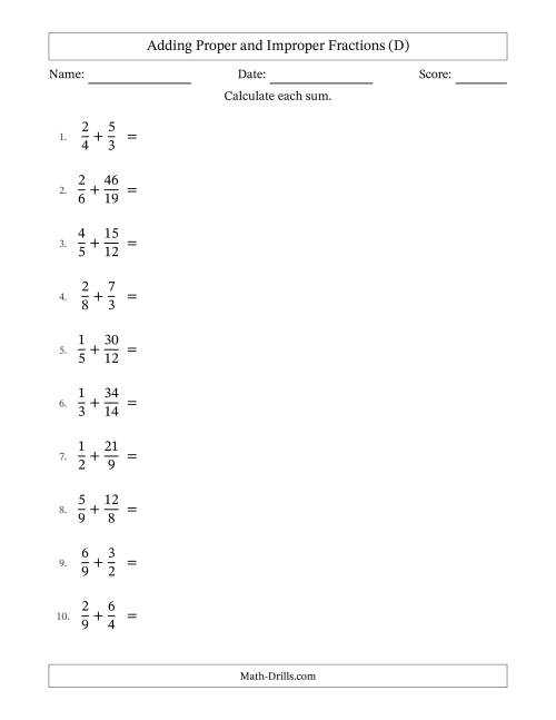 The Adding Proper and Improper Fractions with Unlike Denominators, Mixed Fractions Results and All Simplifying (D) Math Worksheet