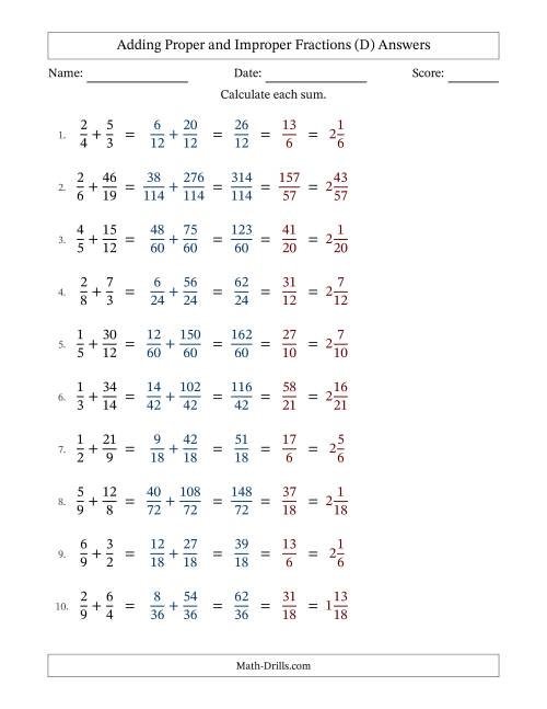 The Adding Proper and Improper Fractions with Unlike Denominators, Mixed Fractions Results and All Simplifying (D) Math Worksheet Page 2