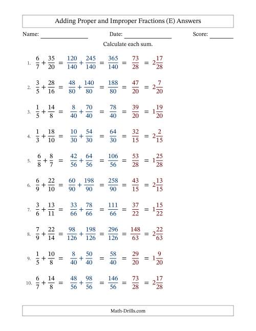 The Adding Proper and Improper Fractions with Unlike Denominators, Mixed Fractions Results and All Simplifying (E) Math Worksheet Page 2