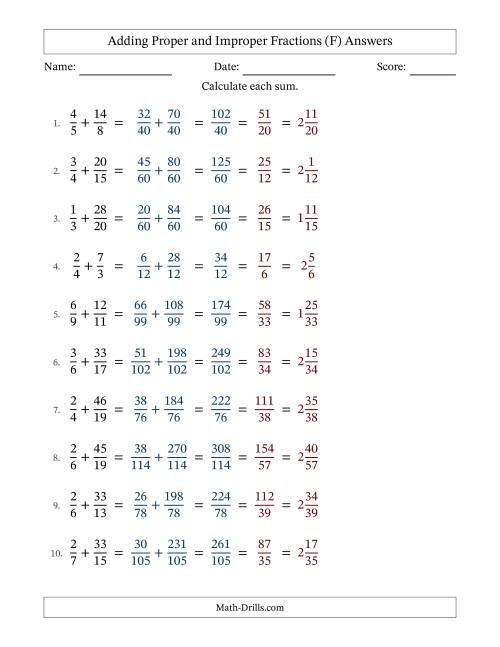 The Adding Proper and Improper Fractions with Unlike Denominators, Mixed Fractions Results and All Simplifying (F) Math Worksheet Page 2