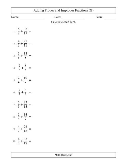 The Adding Proper and Improper Fractions with Unlike Denominators, Mixed Fractions Results and All Simplifying (G) Math Worksheet