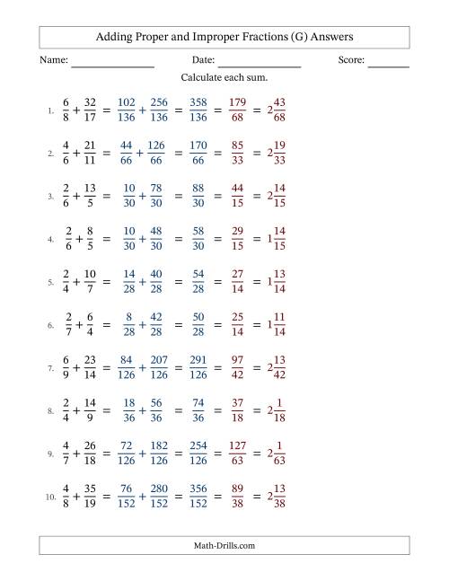 The Adding Proper and Improper Fractions with Unlike Denominators, Mixed Fractions Results and All Simplifying (G) Math Worksheet Page 2