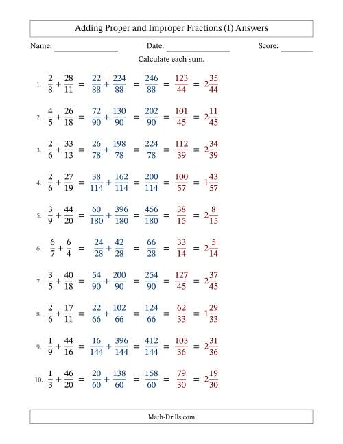 The Adding Proper and Improper Fractions with Unlike Denominators, Mixed Fractions Results and All Simplifying (I) Math Worksheet Page 2