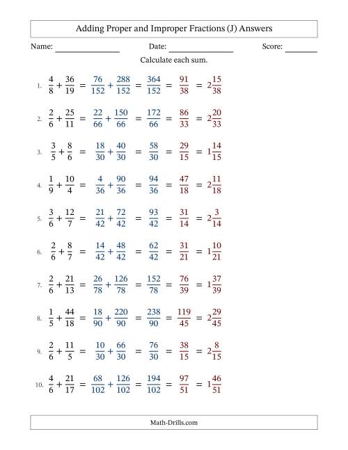 The Adding Proper and Improper Fractions with Unlike Denominators, Mixed Fractions Results and All Simplifying (J) Math Worksheet Page 2