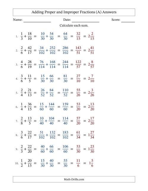 The Adding Proper and Improper Fractions with Unlike Denominators, Mixed Fractions Results and All Simplifying (All) Math Worksheet Page 2
