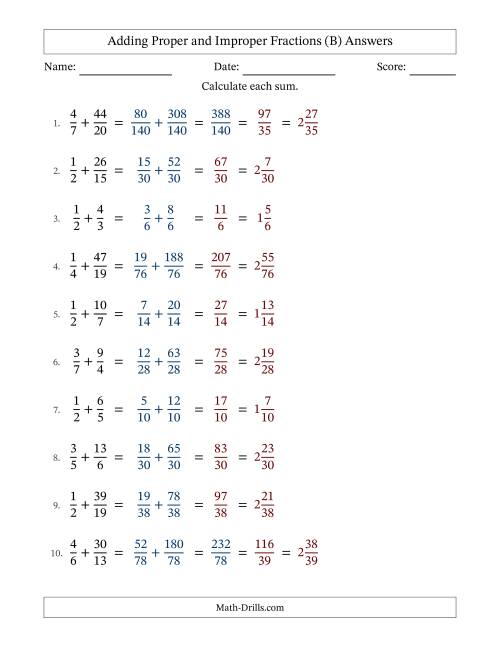 The Adding Proper and Improper Fractions with Unlike Denominators, Mixed Fractions Results and Some Simplifying (B) Math Worksheet Page 2