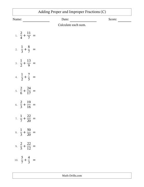 The Adding Proper and Improper Fractions with Unlike Denominators, Mixed Fractions Results and Some Simplifying (C) Math Worksheet