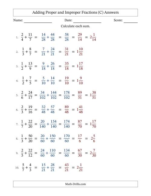 The Adding Proper and Improper Fractions with Unlike Denominators, Mixed Fractions Results and Some Simplifying (C) Math Worksheet Page 2