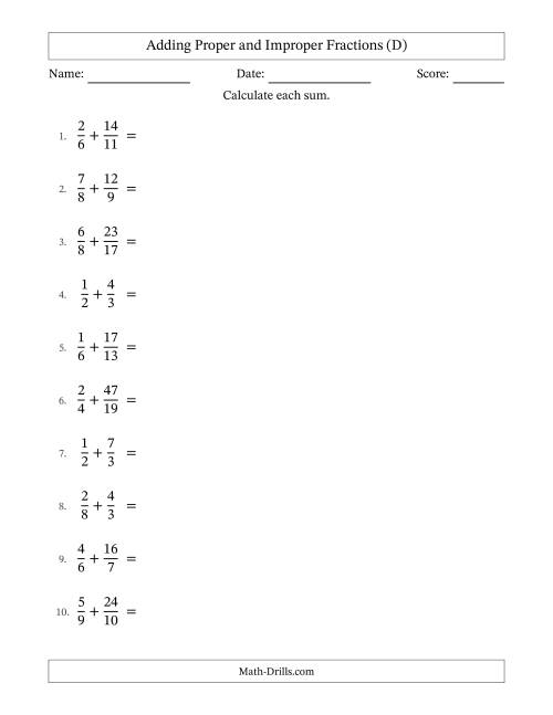 The Adding Proper and Improper Fractions with Unlike Denominators, Mixed Fractions Results and Some Simplifying (D) Math Worksheet