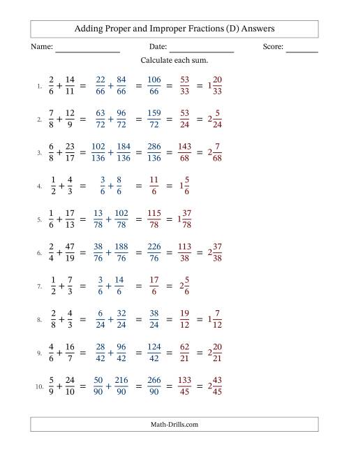 The Adding Proper and Improper Fractions with Unlike Denominators, Mixed Fractions Results and Some Simplifying (D) Math Worksheet Page 2