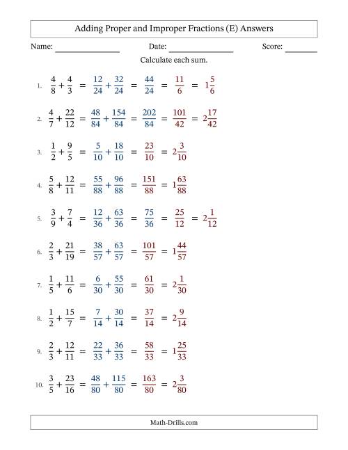 The Adding Proper and Improper Fractions with Unlike Denominators, Mixed Fractions Results and Some Simplifying (E) Math Worksheet Page 2