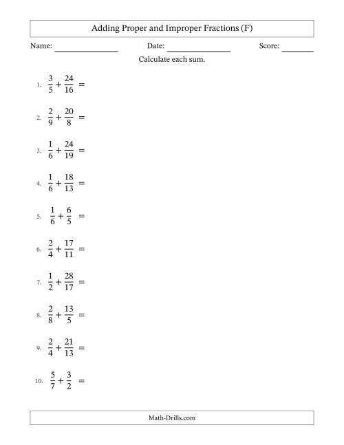 The Adding Proper and Improper Fractions with Unlike Denominators, Mixed Fractions Results and Some Simplifying (F) Math Worksheet