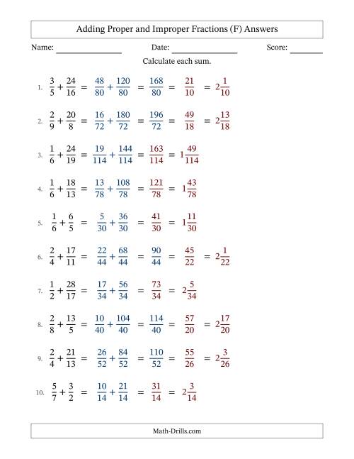 The Adding Proper and Improper Fractions with Unlike Denominators, Mixed Fractions Results and Some Simplifying (F) Math Worksheet Page 2