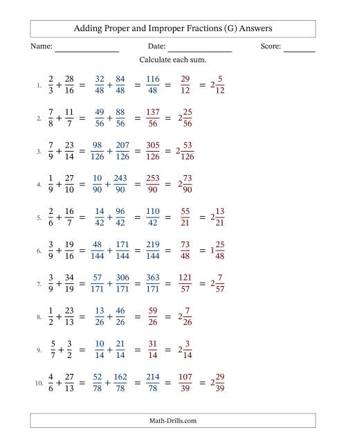 The Adding Proper and Improper Fractions with Unlike Denominators, Mixed Fractions Results and Some Simplifying (G) Math Worksheet Page 2