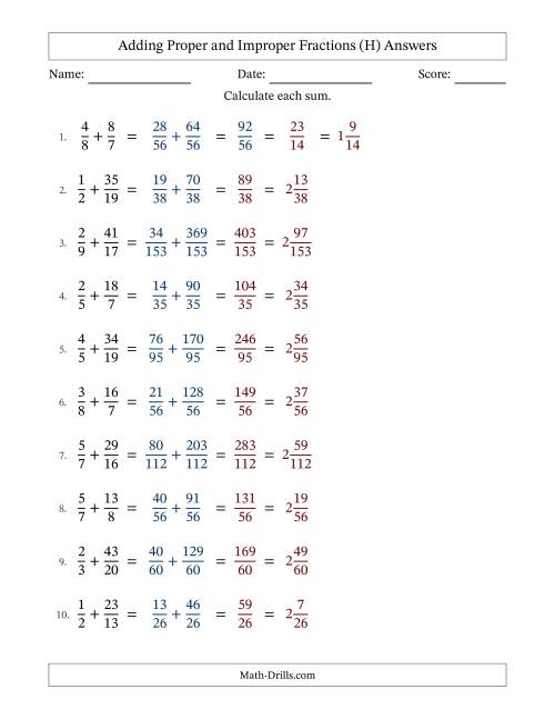 The Adding Proper and Improper Fractions with Unlike Denominators, Mixed Fractions Results and Some Simplifying (H) Math Worksheet Page 2