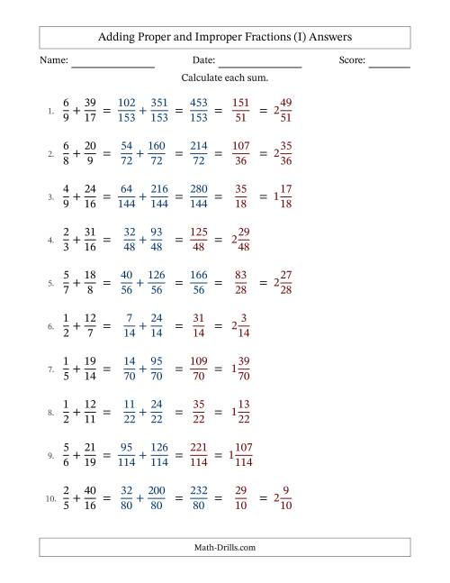 The Adding Proper and Improper Fractions with Unlike Denominators, Mixed Fractions Results and Some Simplifying (I) Math Worksheet Page 2