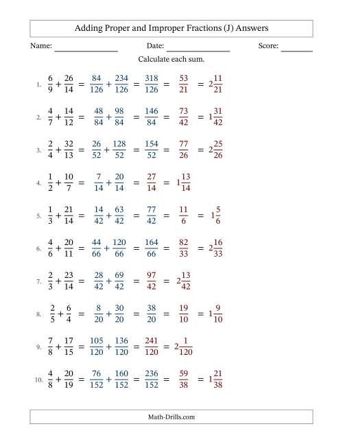 The Adding Proper and Improper Fractions with Unlike Denominators, Mixed Fractions Results and Some Simplifying (J) Math Worksheet Page 2