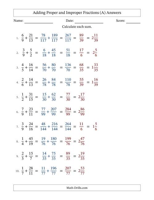 The Adding Proper and Improper Fractions with Unlike Denominators, Mixed Fractions Results and Some Simplifying (All) Math Worksheet Page 2