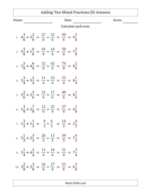 The Adding Two Mixed Fractions with Equal Denominators, Mixed Fractions Results and No Simplifying (B) Math Worksheet Page 2
