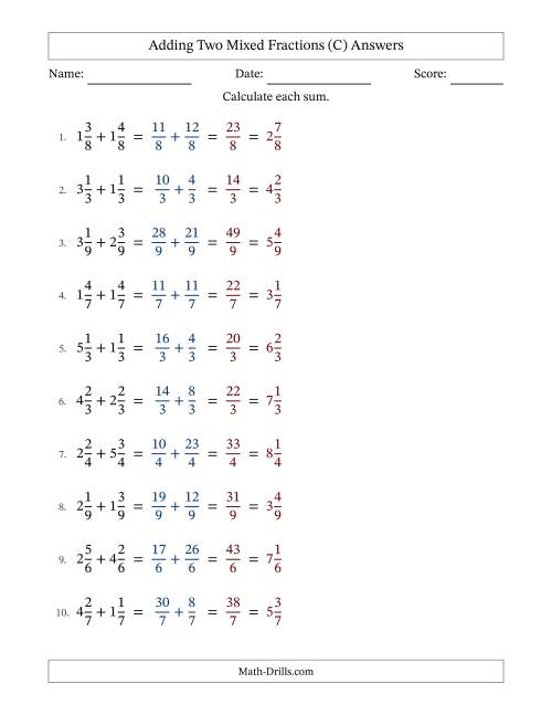 The Adding Two Mixed Fractions with Equal Denominators, Mixed Fractions Results and No Simplifying (C) Math Worksheet Page 2
