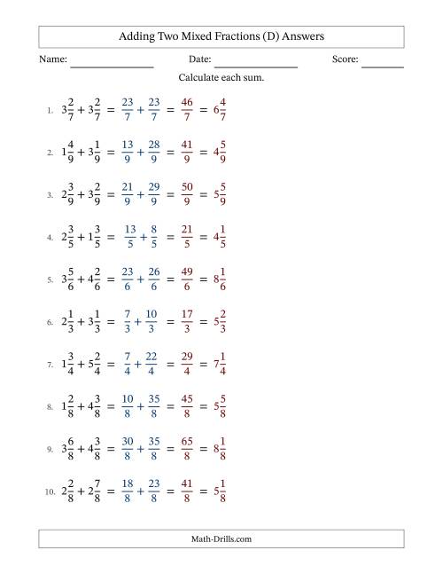 The Adding Two Mixed Fractions with Equal Denominators, Mixed Fractions Results and No Simplifying (D) Math Worksheet Page 2