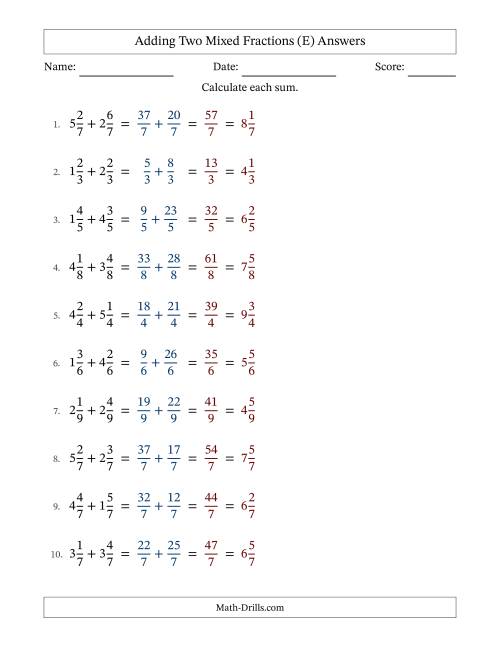 The Adding Two Mixed Fractions with Equal Denominators, Mixed Fractions Results and No Simplifying (E) Math Worksheet Page 2