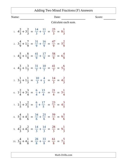 The Adding Two Mixed Fractions with Equal Denominators, Mixed Fractions Results and No Simplifying (F) Math Worksheet Page 2
