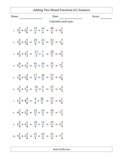 The Adding Two Mixed Fractions with Equal Denominators, Mixed Fractions Results and No Simplifying (G) Math Worksheet Page 2