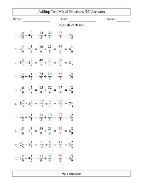 The Adding Two Mixed Fractions with Equal Denominators, Mixed Fractions Results and No Simplifying (H) Math Worksheet Page 2