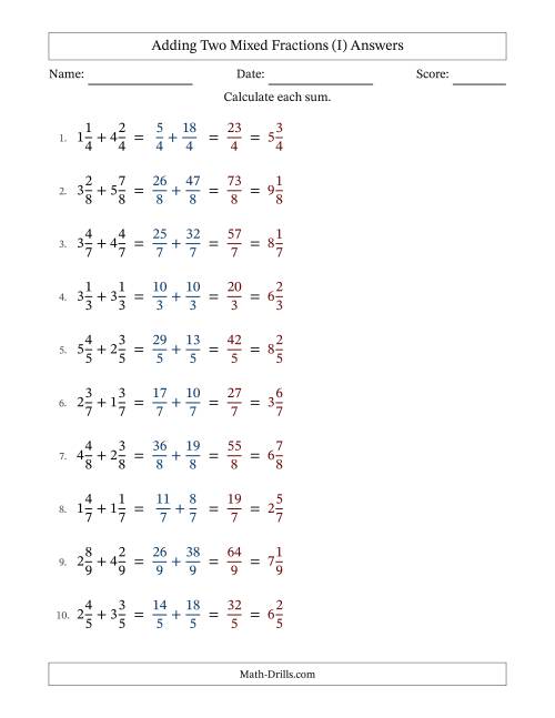 The Adding Two Mixed Fractions with Equal Denominators, Mixed Fractions Results and No Simplifying (I) Math Worksheet Page 2