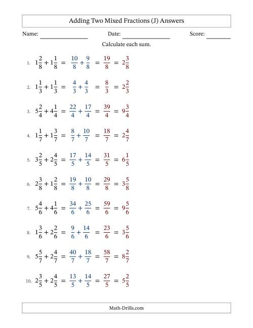 The Adding Two Mixed Fractions with Equal Denominators, Mixed Fractions Results and No Simplifying (J) Math Worksheet Page 2