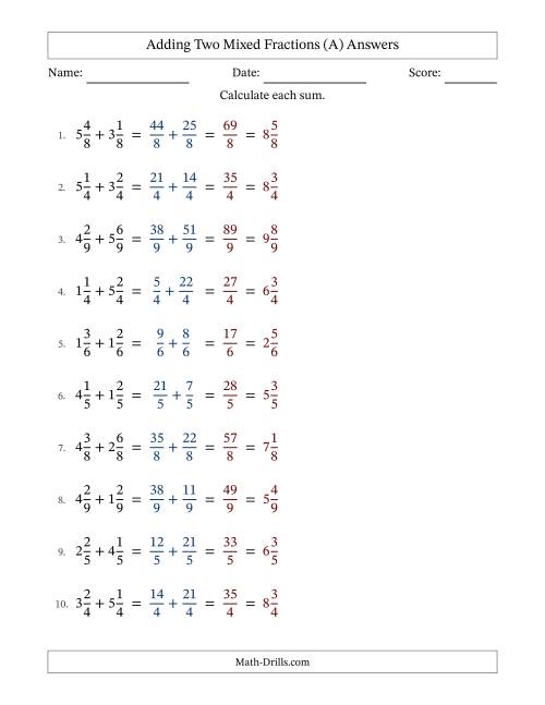 The Adding Two Mixed Fractions with Equal Denominators, Mixed Fractions Results and No Simplifying (All) Math Worksheet Page 2