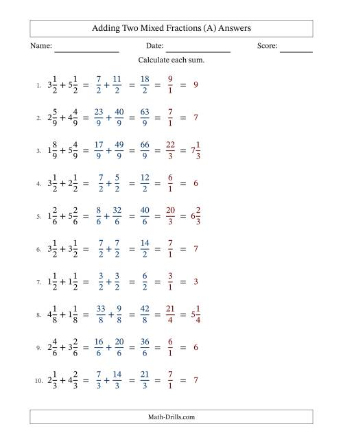 The Adding Two Mixed Fractions with Equal Denominators, Mixed Fractions Results and All Simplifying (A) Math Worksheet Page 2